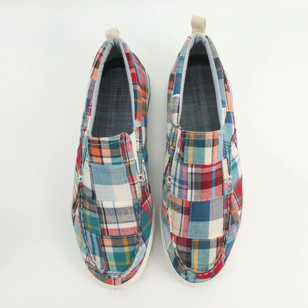 GH Bass Olsen Mens 10.5 M Plaid Patchwork Canvas Slip On Loafers Shoes‎